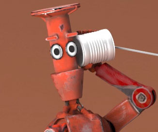 Red robot listening to other robot through tin can.